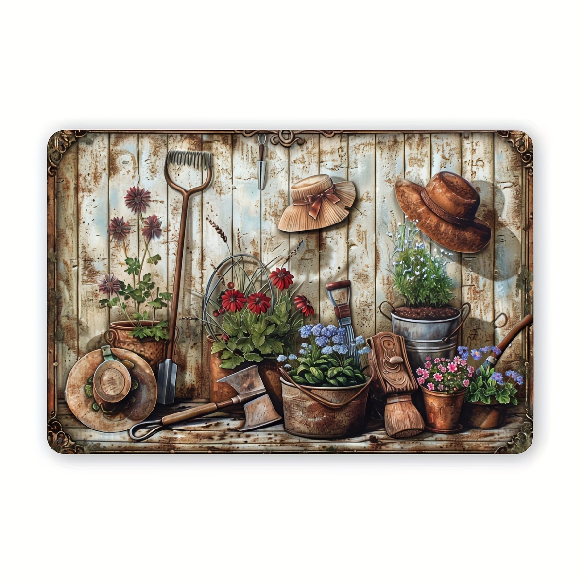 Gardening Tools Vintage - 2D plat, vintage metalen wanddecoratiebord met